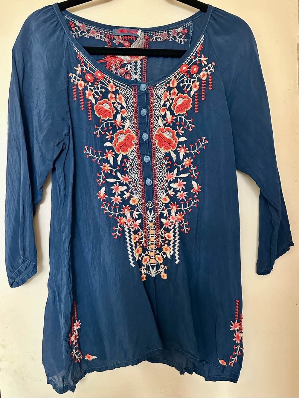 Johnny Was Olivia Blue Night Boho Embroidered Henley Blouse Top Size XS